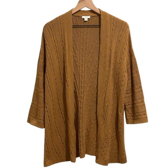 J.Jill Open Front Cable Knit Cardigan Long Sweater, 3/4 Sleeves, Honey Brown, M - Picture 3 of 15